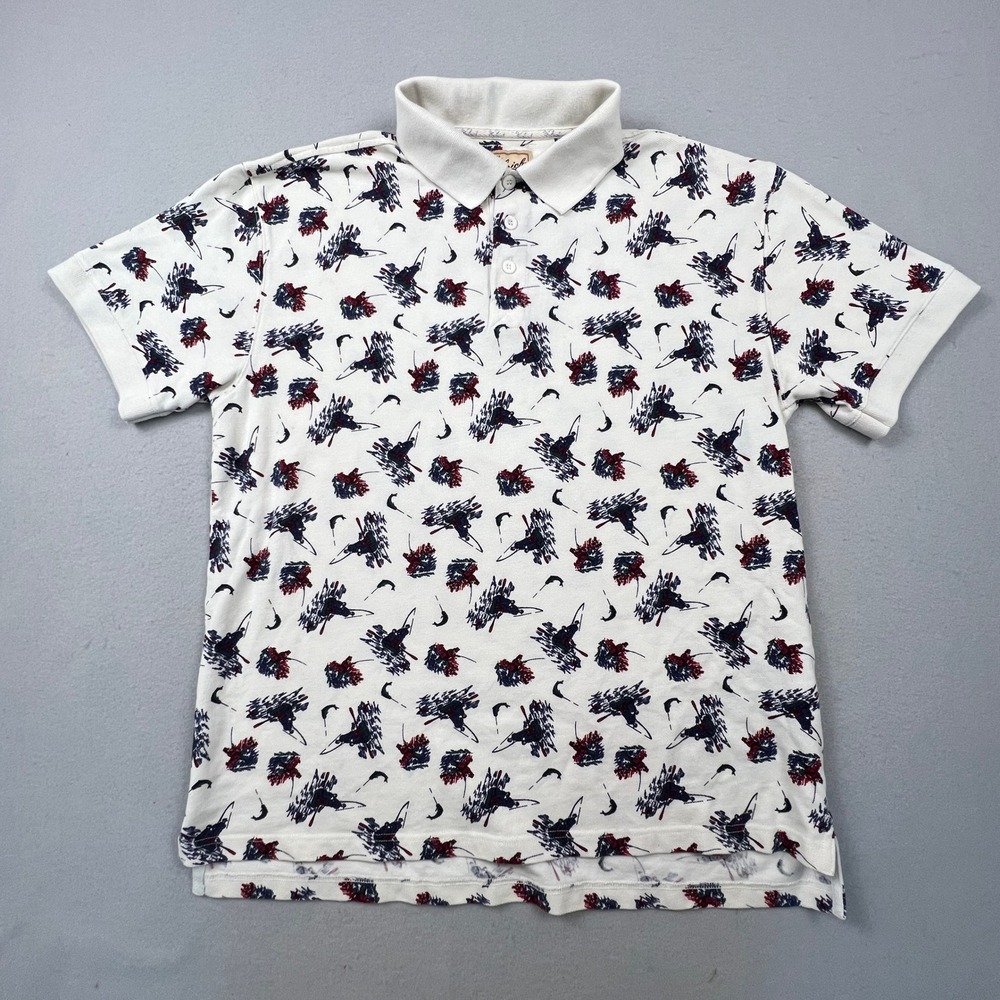 Woolrich Polo Shirt Mens Large Ivory Fishing Print Cotton Short Sleeve Outdoor